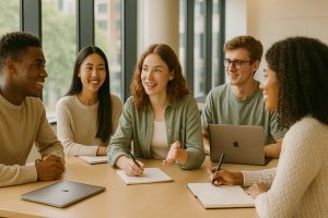 A diverse group of students in a modern university setting, collaborating around a table with laptops and notebooks, illustrating a vibrant innovation ecosystem.