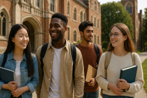 A diverse group of international students walking on a prestigious university campus.