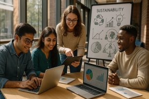 A diverse group of MBA students collaborating on a social impact project in a modern university setting.