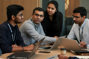 A professional setting with a diverse group of Indian students and Silicon Valley mentors engaged in a discussion.