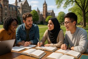 Diverse group of graduate students collaborating and studying together on university campus with historic buildings in background