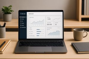 Modern workspace with laptop displaying an all-in-one business platform dashboard