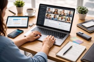 Clean professional workspace showing digital collaboration tools used in volunteering