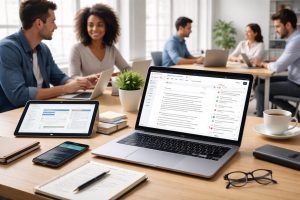 Clean modern workspace showing shared digital documents and collaboration tools