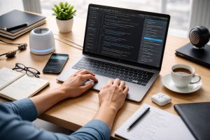 Clean professional workspace showing AI-assisted coding tools used by a solo founder