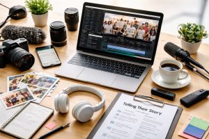 A clean digital workspace with storytelling tools used for advocacy communication