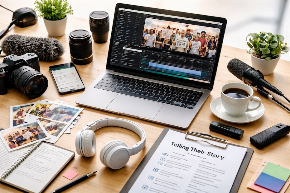 A clean digital workspace with storytelling tools used for advocacy communication