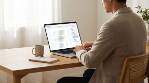 Professional editing an email using AI writing tools on a laptop