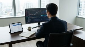 Finance analyst comparing BI platforms on a laptop with dashboard charts and vendor logos.