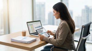 Property manager reviewing real estate financial management software on a laptop with charts and reports