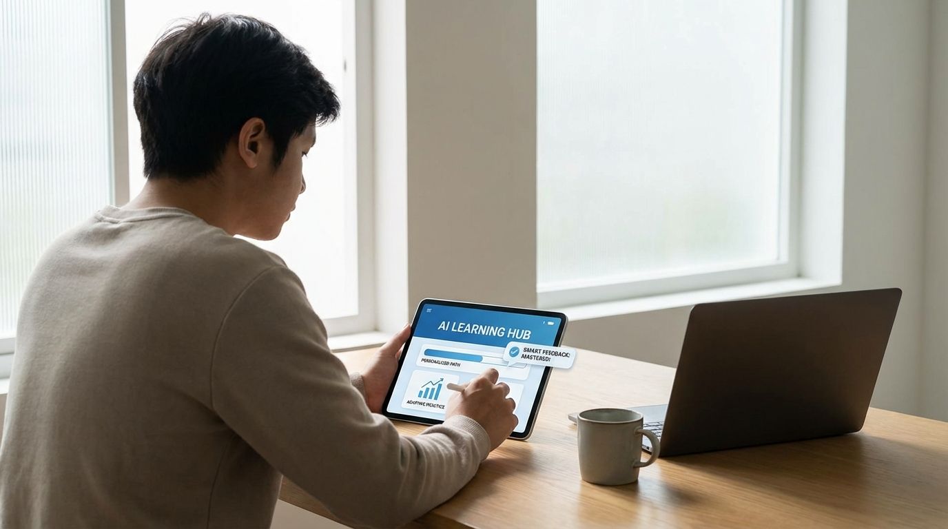Student using an AI-powered learning platform on a laptop while reviewing personalized lessons