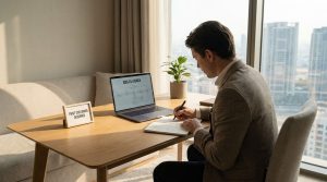 Entrepreneur planning a new business idea at a desk while preparing to make the first sale