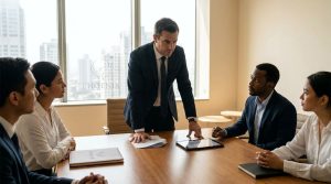 Resilient business leader standing with a team in an office after a setback, reviewing a recovery plan with calm focus